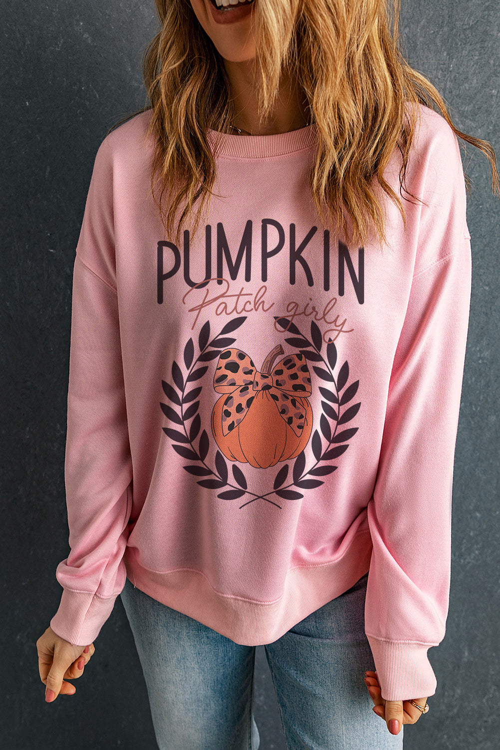 Pink Leopard Bowknot Pumpkin Graphic Halloween Sweatshirt Graphic Sweatshirts JT's Designer Fashion