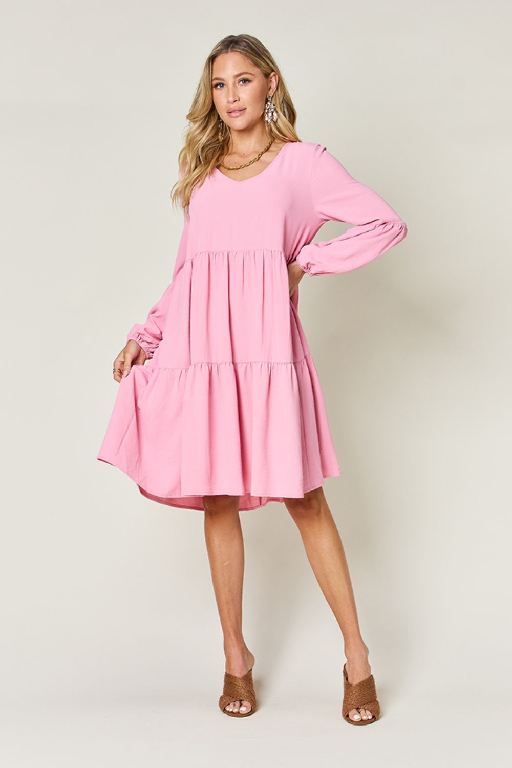 Double Take Full Size V-Neck Balloon Sleeve Tiered Dress with Pockets Mini Dresses JT's Designer Fashion