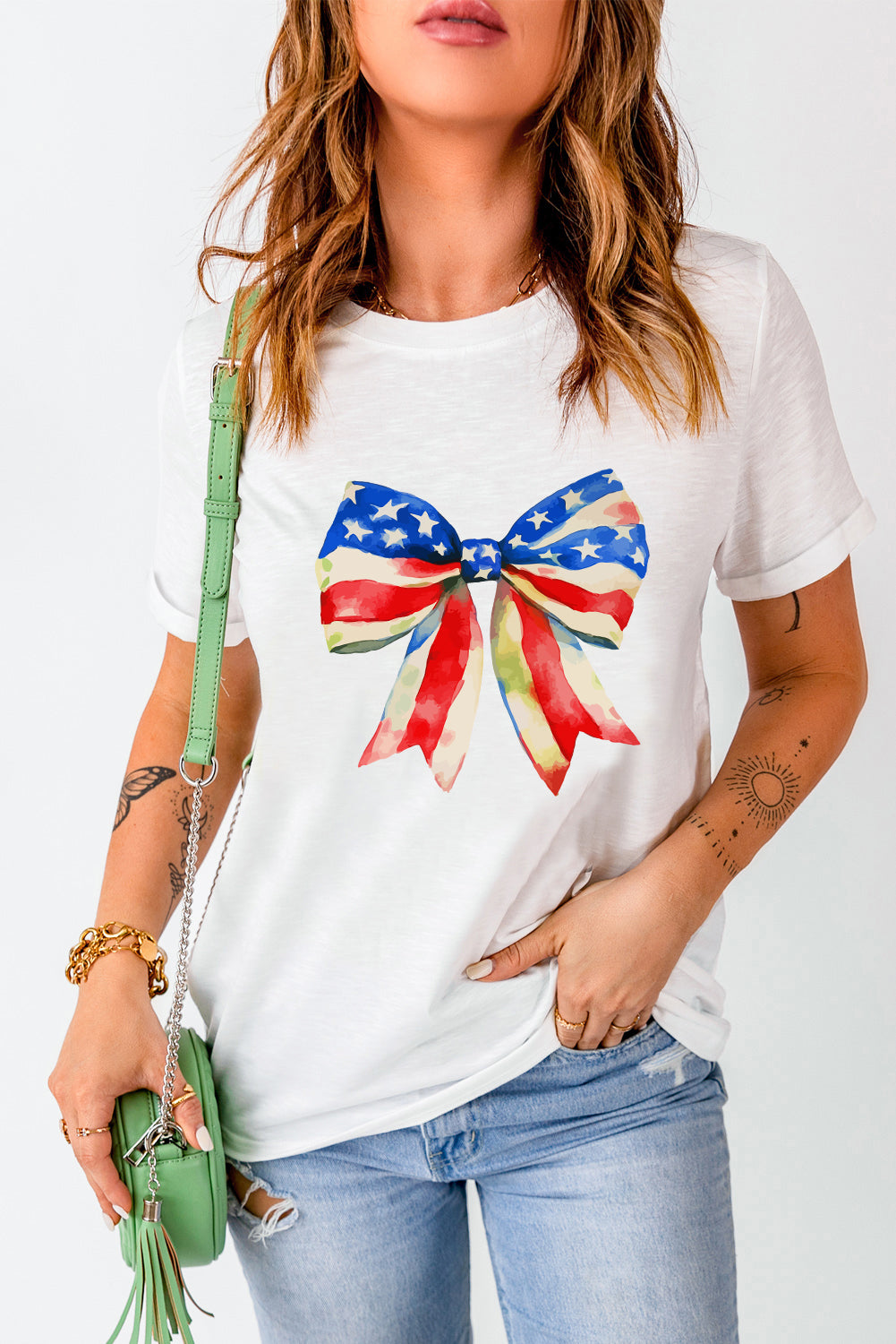 White Independence Day Splash Bow Pattern T Shirt Graphic Tees JT's Designer Fashion