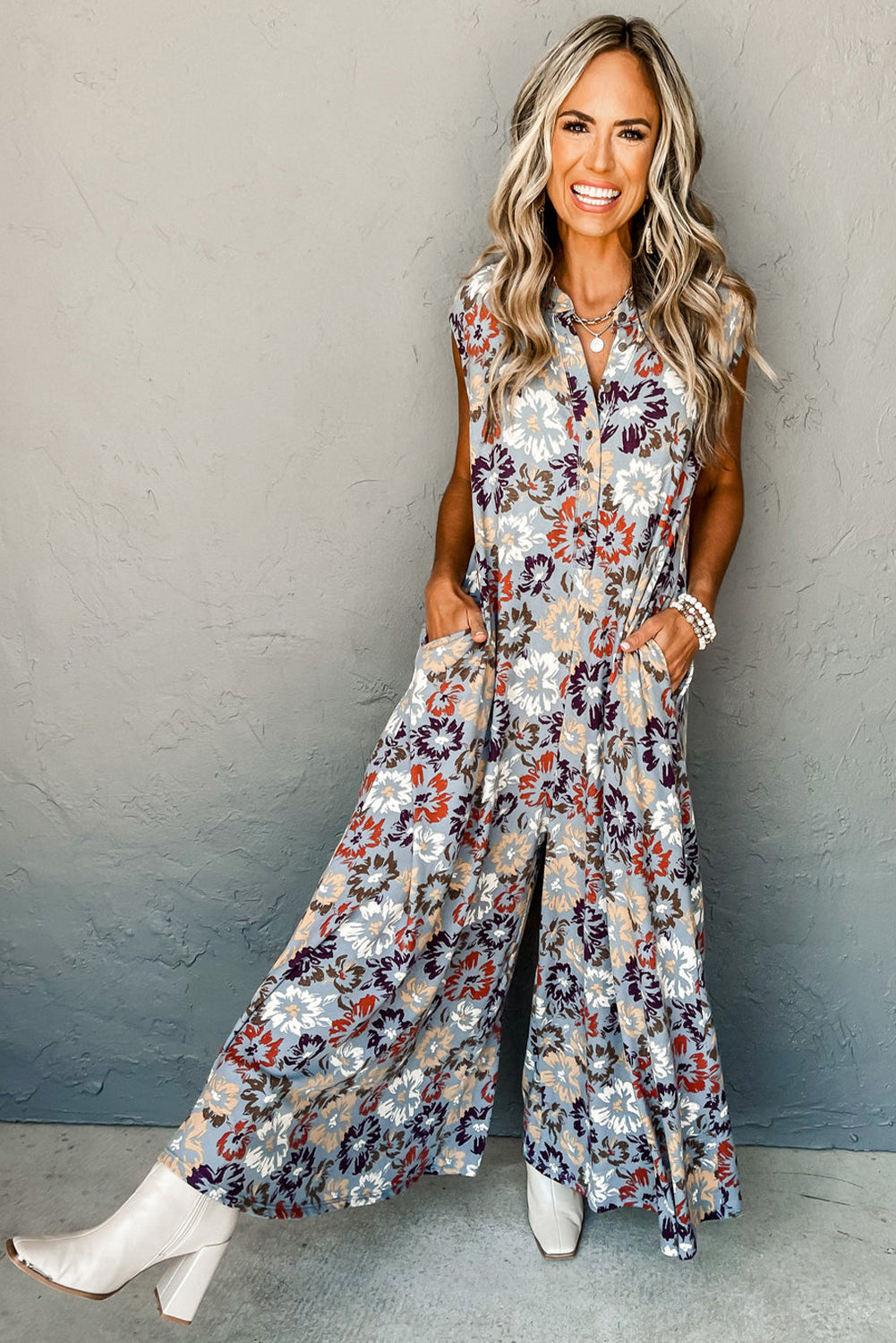 Sky Blue Floral Sleeveless Buttoned Pocketed Wide Leg Jumpsuit Jumpsuits & Rompers JT's Designer Fashion