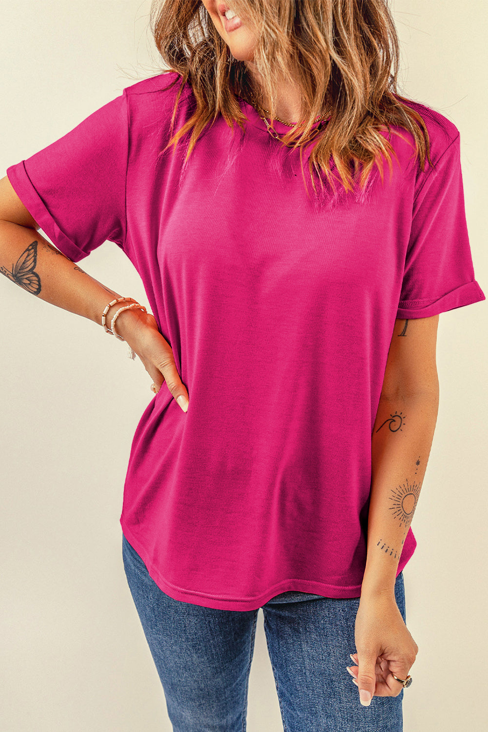 Rose Red Casual Plain Crew Neck Tee Tops & Tees JT's Designer Fashion