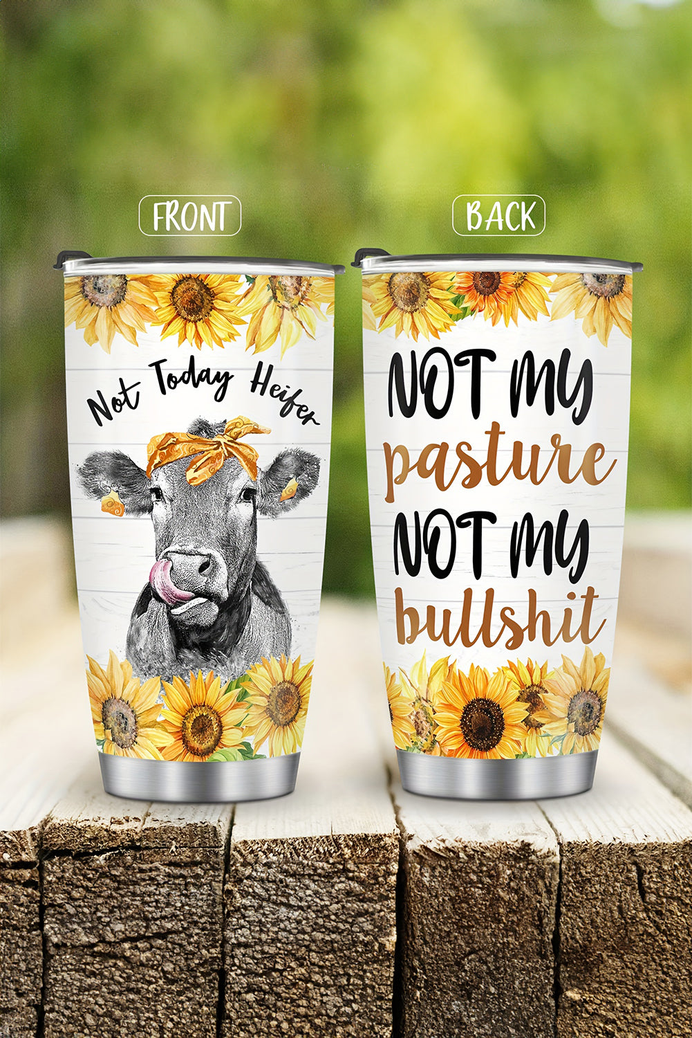 Yellow Cow Sunflower Slogan Print Stainless Steel Tumbler 20OZ Tumblers JT's Designer Fashion