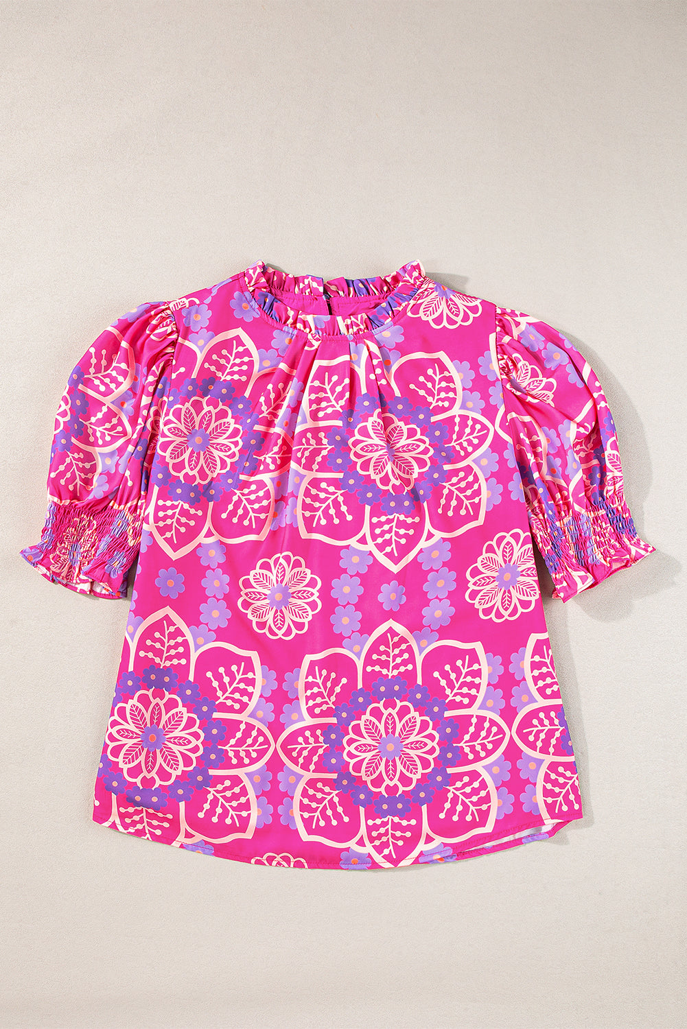 Rose Floral Print Frilled Neck Smocked Puff Sleeve Blouse Blouses & Shirts JT's Designer Fashion