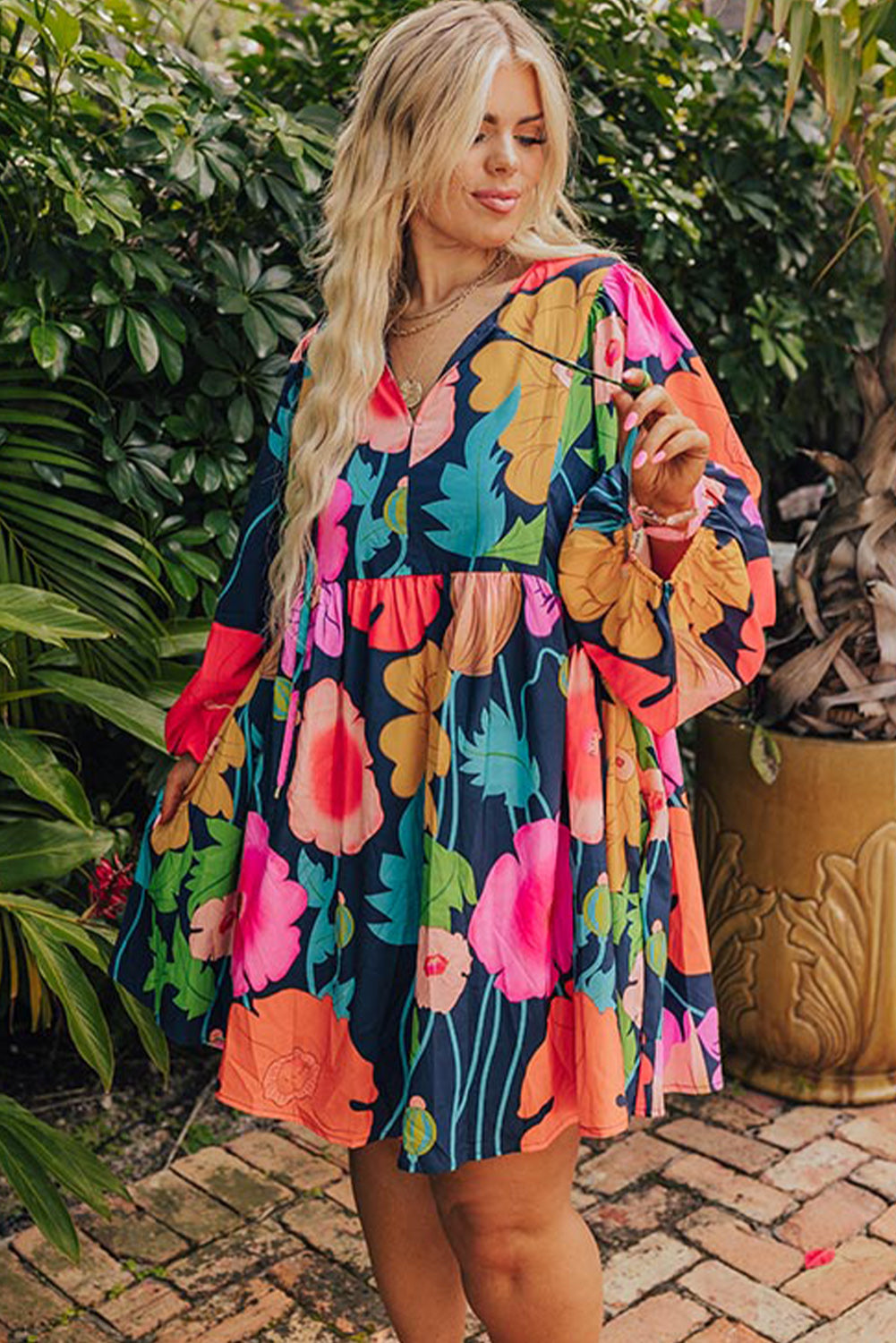 Black Floral V Neck Balloon Sleeve Plus Size Babydoll Dress Plus Size JT's Designer Fashion