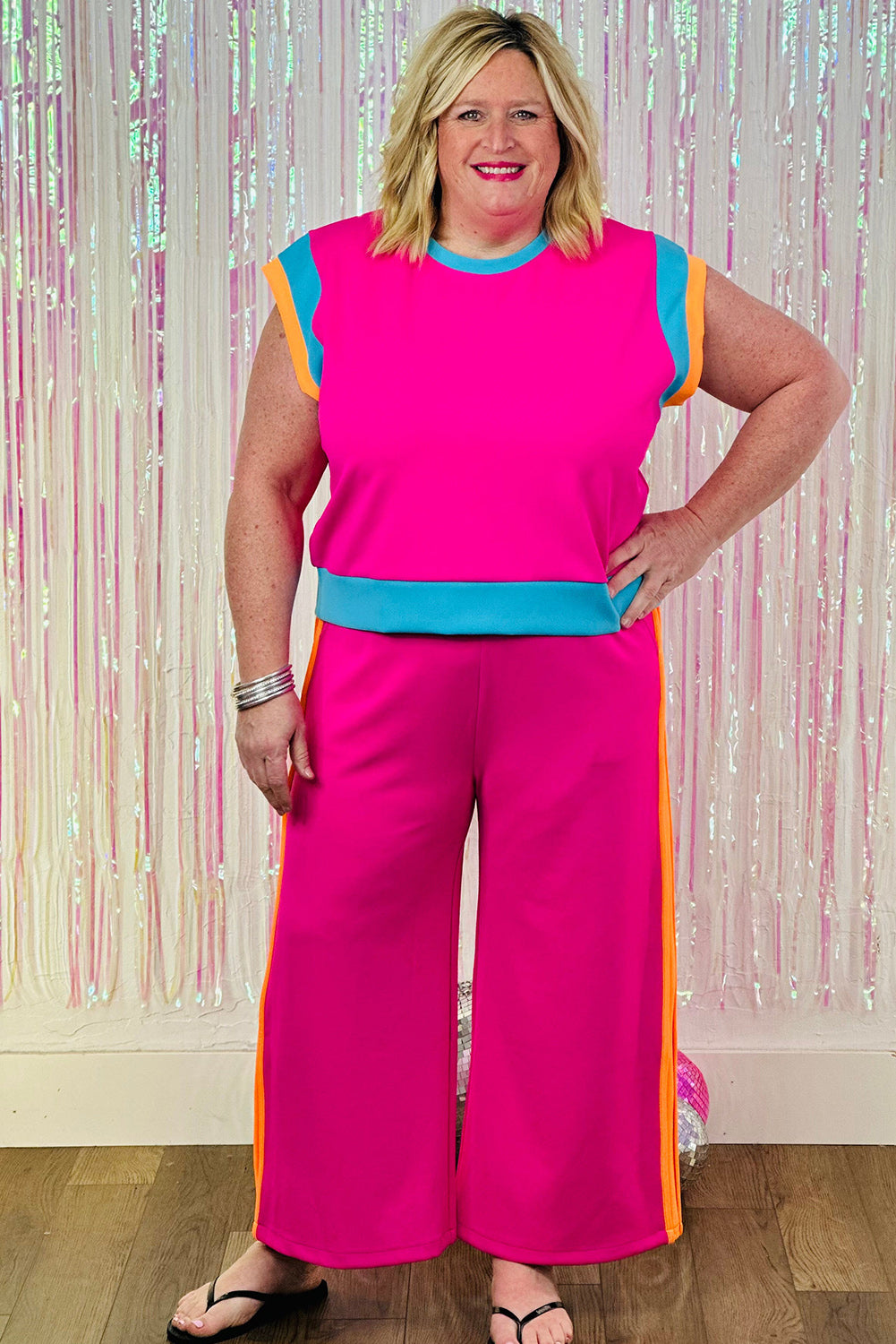 Strawberry Pink Plus Size Color Block Short Sleeve Top and Pants Set Plus Size JT's Designer Fashion