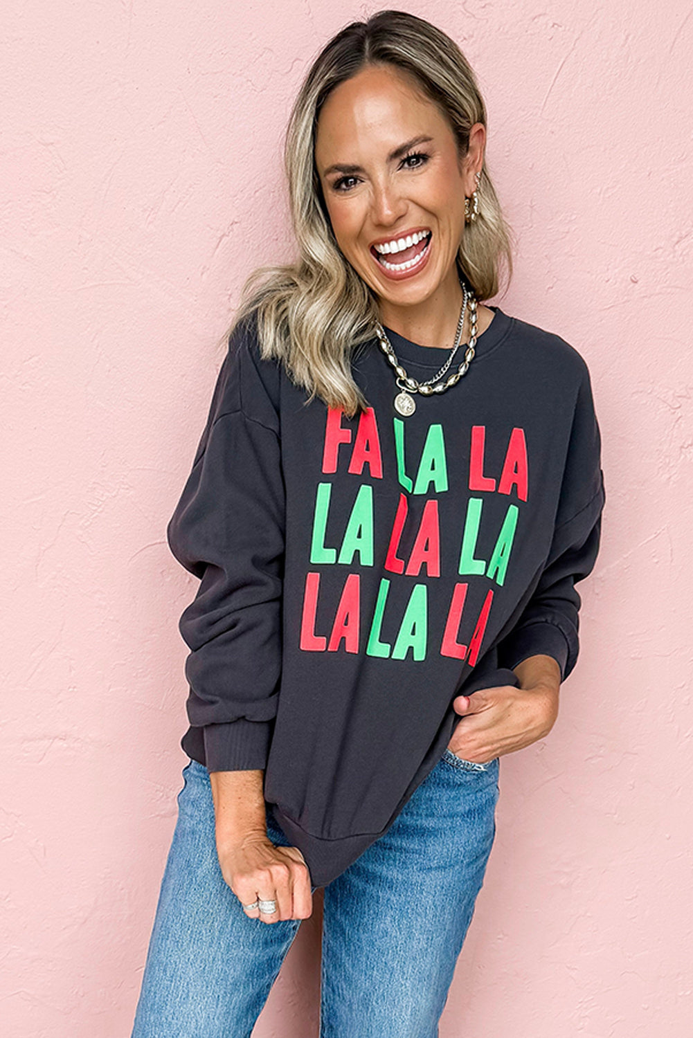 Black FA LA LA Christmas Letter Graphic Sweatshirt Graphic Sweatshirts JT's Designer Fashion