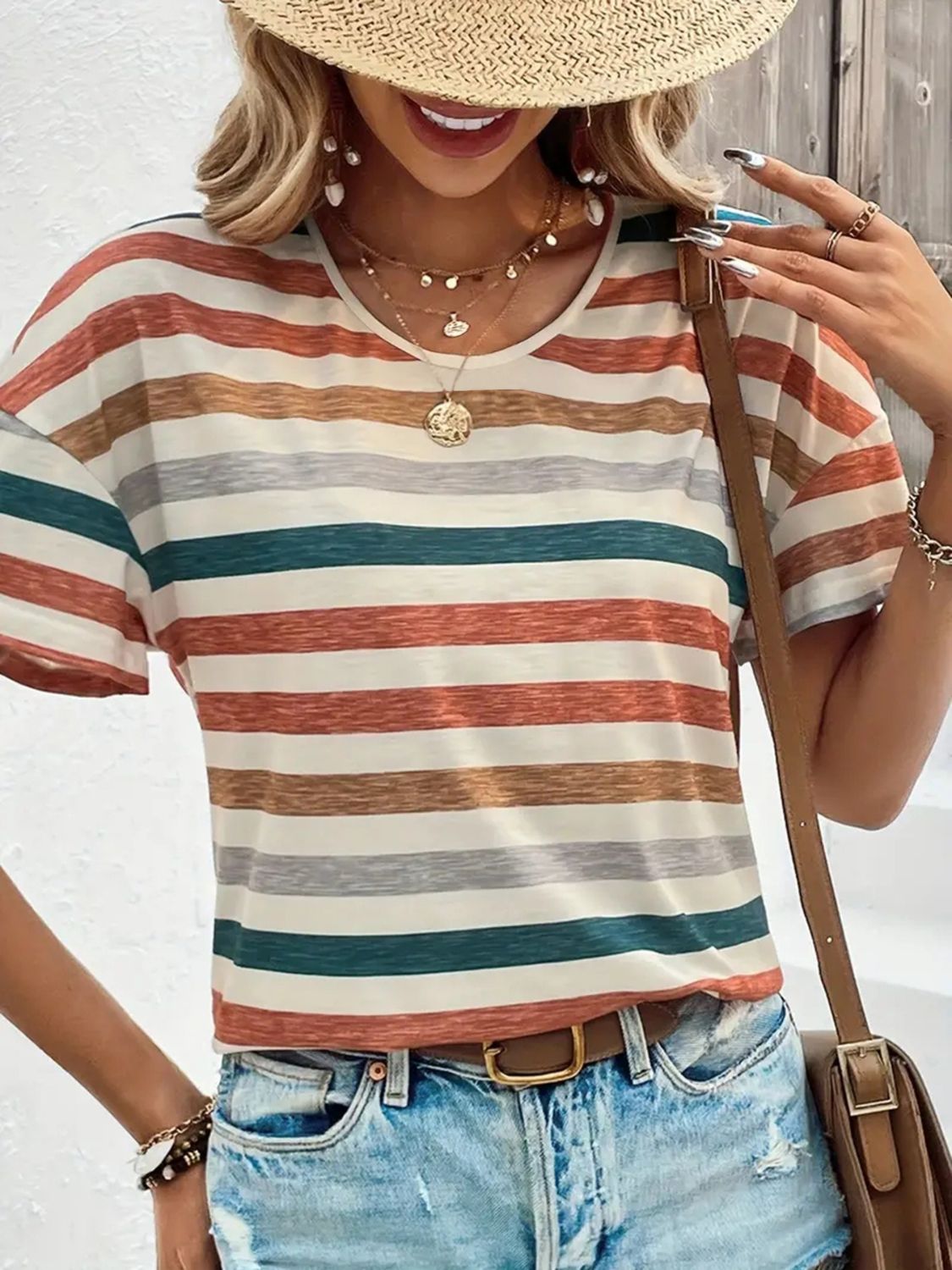 Striped Round Neck Short Sleeve T-Shirt T-Shirts JT's Designer Fashion