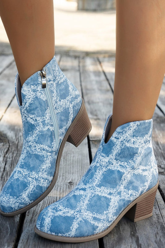 Printed Block Heel Boots with Side Zip Light Blue Boots JT's Designer Fashion