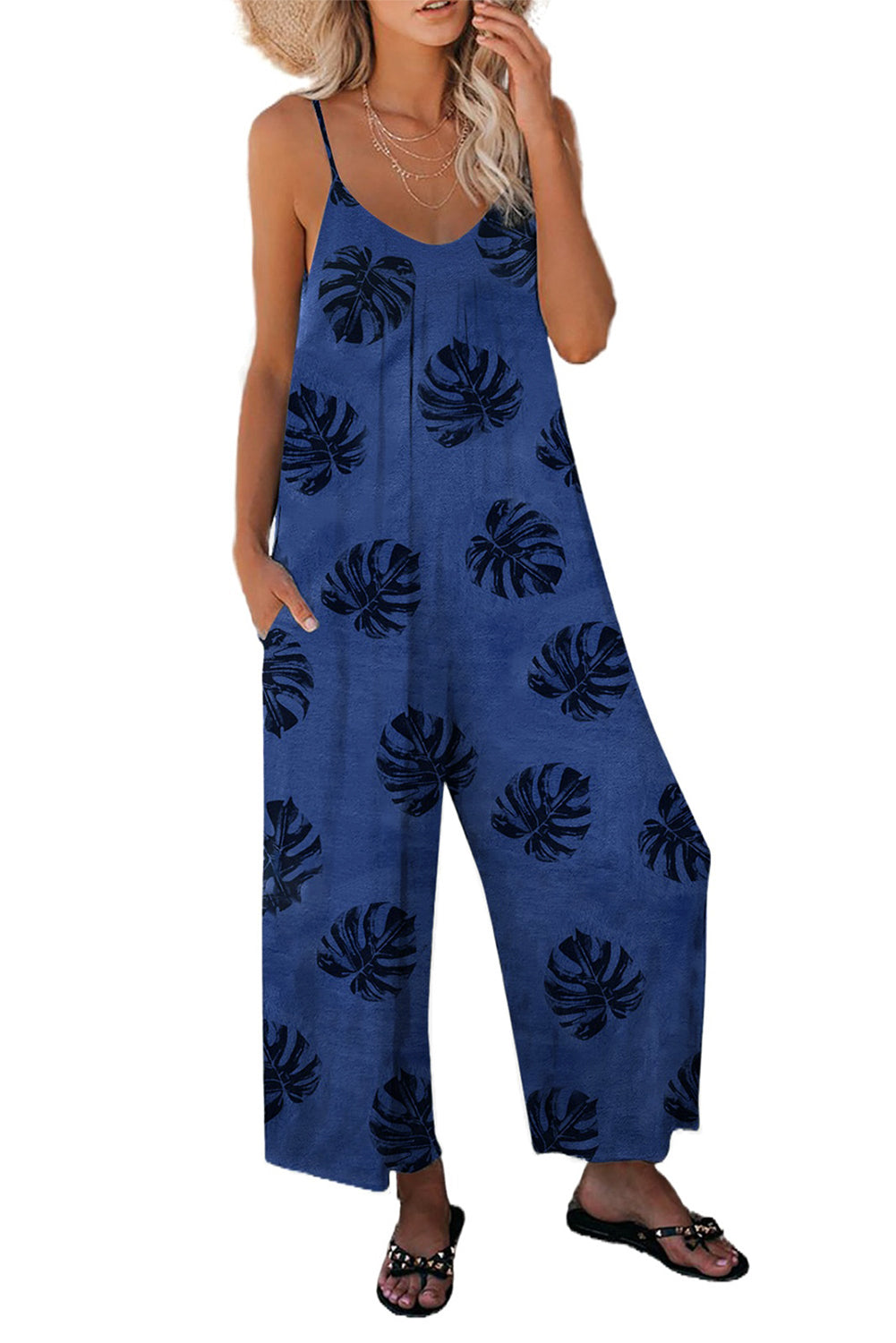 Blue Palm Leaves Print Spaghetti Strap Wide Leg jumpsuit Jumpsuits & Rompers JT's Designer Fashion