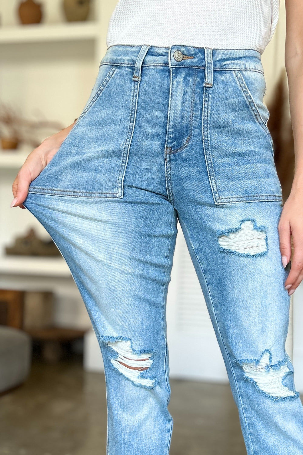 Judy Blue Full Size Distressed Straight Jeans with Patch Pockets Jeans JT's Designer Fashion
