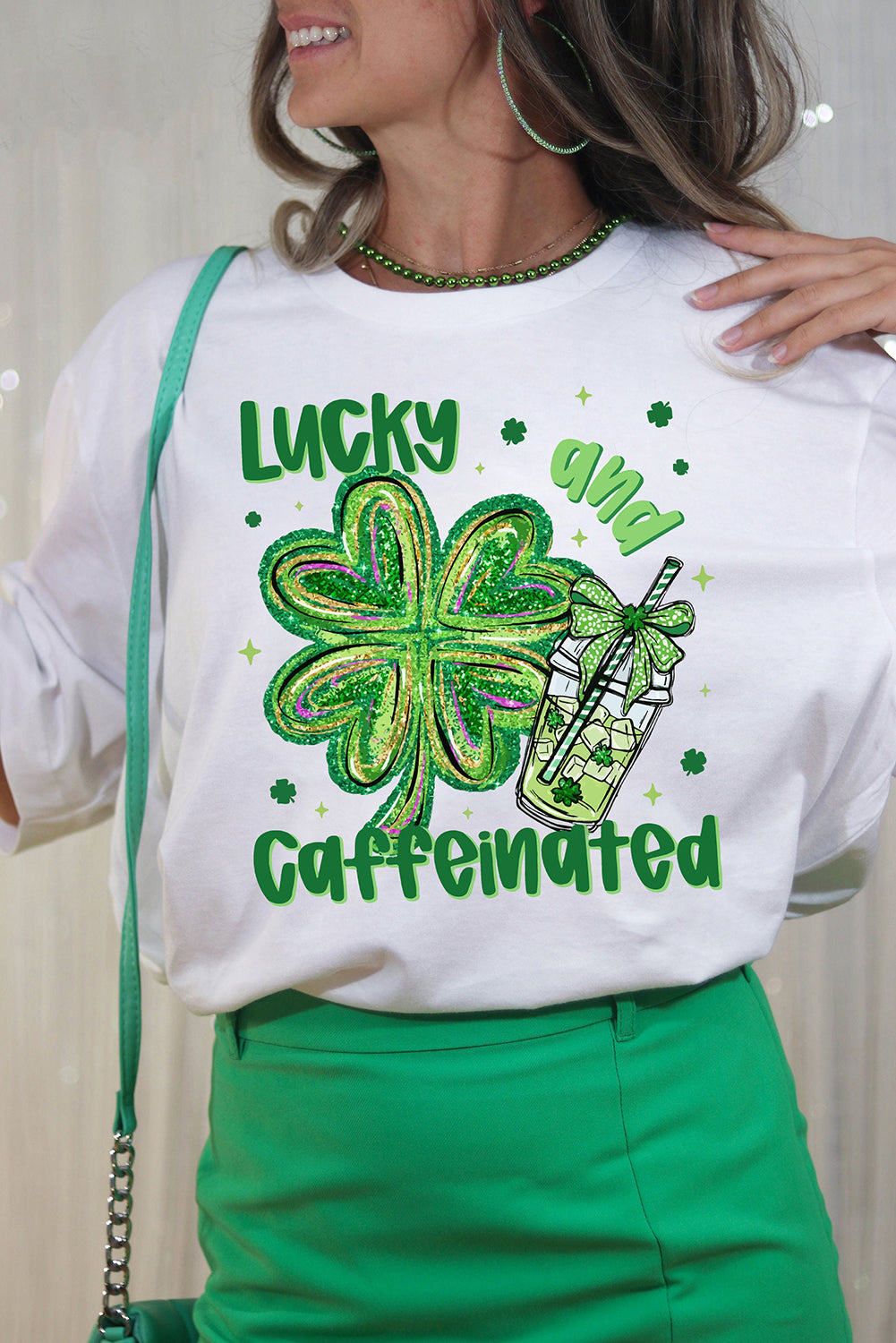 White Lucky and Caffeinated Clover Graphic St Patrick Tee Graphic Tees JT's Designer Fashion