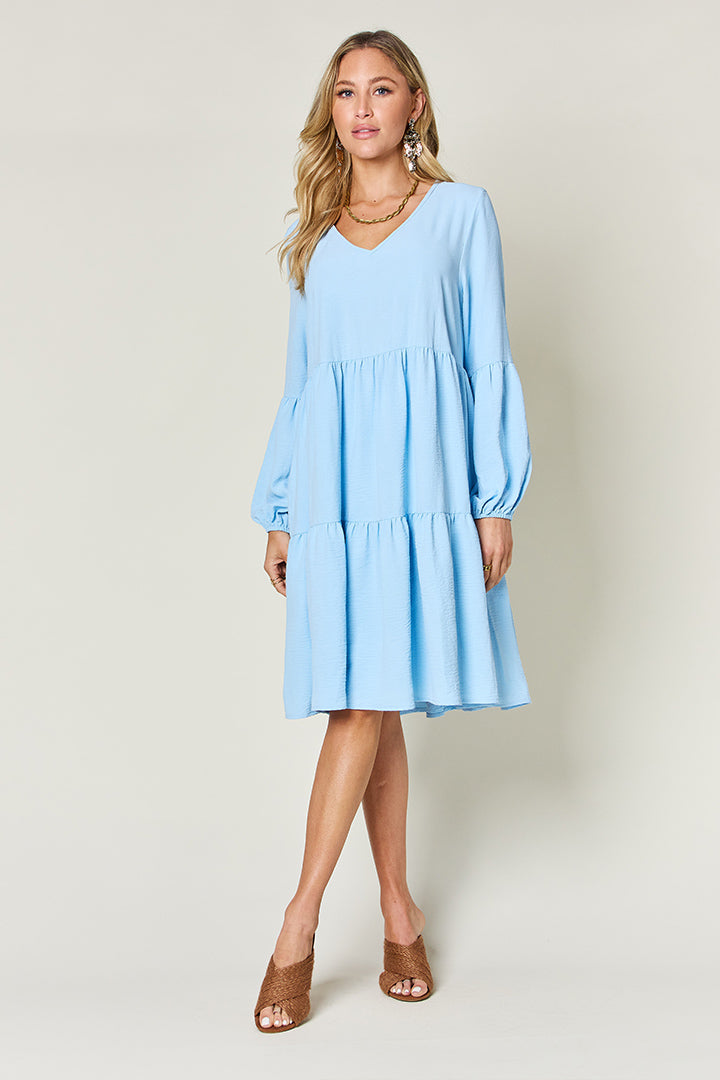 Double Take Full Size V-Neck Balloon Sleeve Tiered Dress with Pockets Mini Dresses JT's Designer Fashion