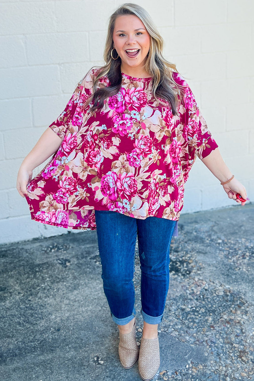 Red Floral / Leopard Print Short Sleeve Plus Size Blouse Plus Size JT's Designer Fashion