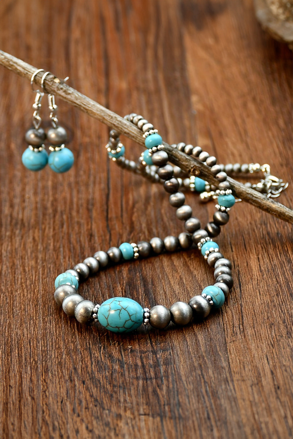 Silvery Western Turquoise Beaded Necklace and Earring Set Jewelry JT's Designer Fashion