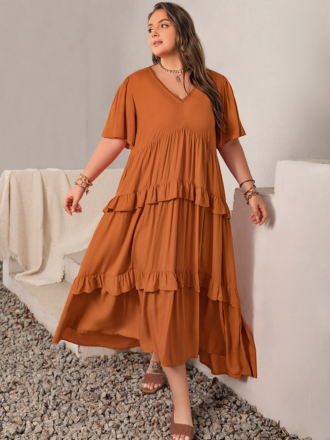 Plus Size V-Neck Flutter Sleeve Maxi Dress Maxi Dresses JT's Designer Fashion