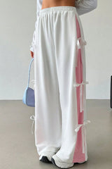 White Elastic Waist Colorblock Patchwork Side Bowtie Wide Leg Pants Bottoms JT's Designer Fashion