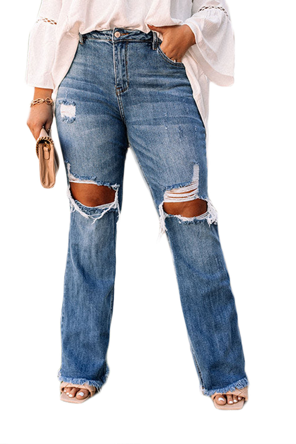 Blue Plus Size Open Knee Distressed Jeans Plus Size Bottoms JT's Designer Fashion