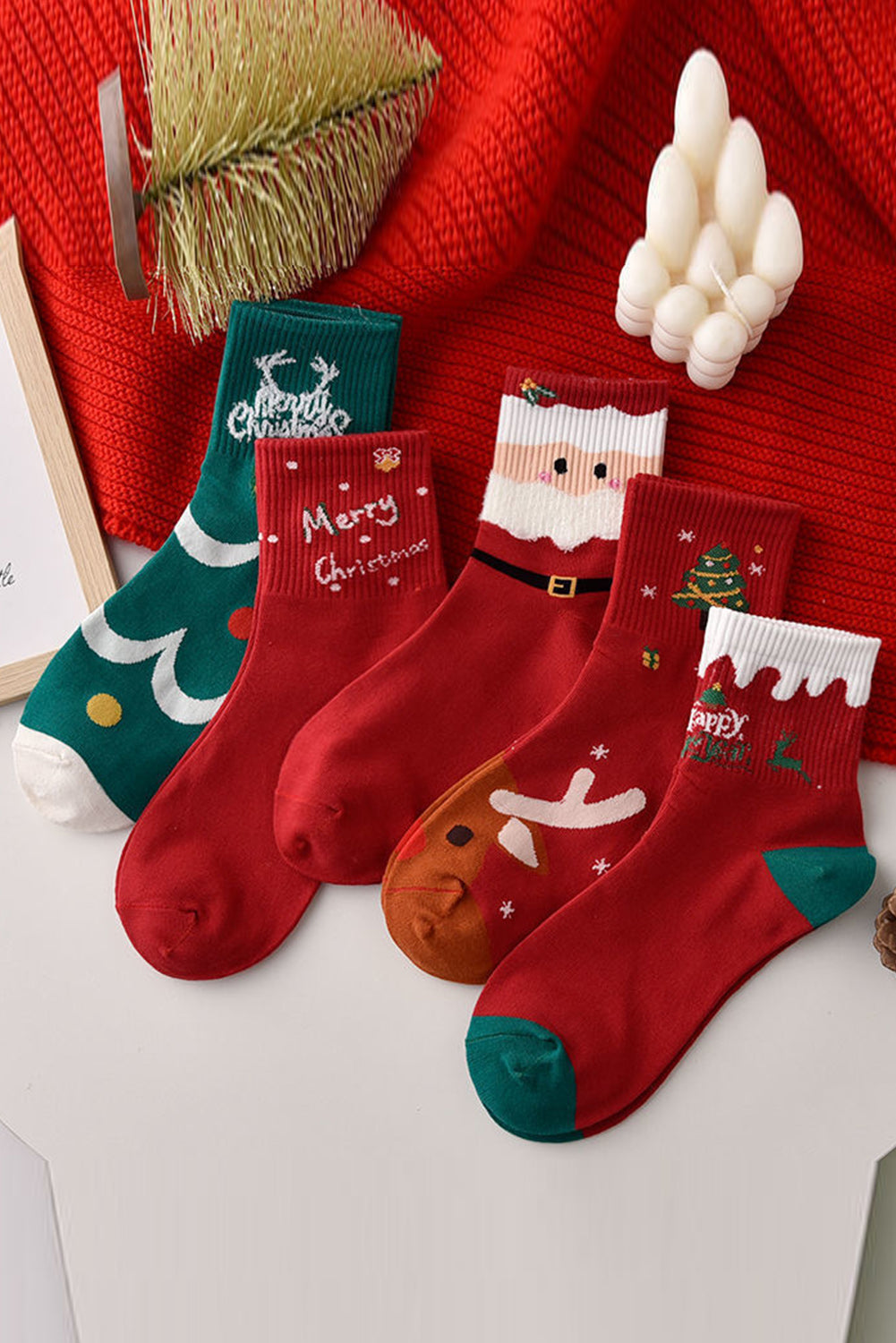 Fiery Red 5 Pairs Festive Merry Christmas Cartoon Print Socks Socks JT's Designer Fashion