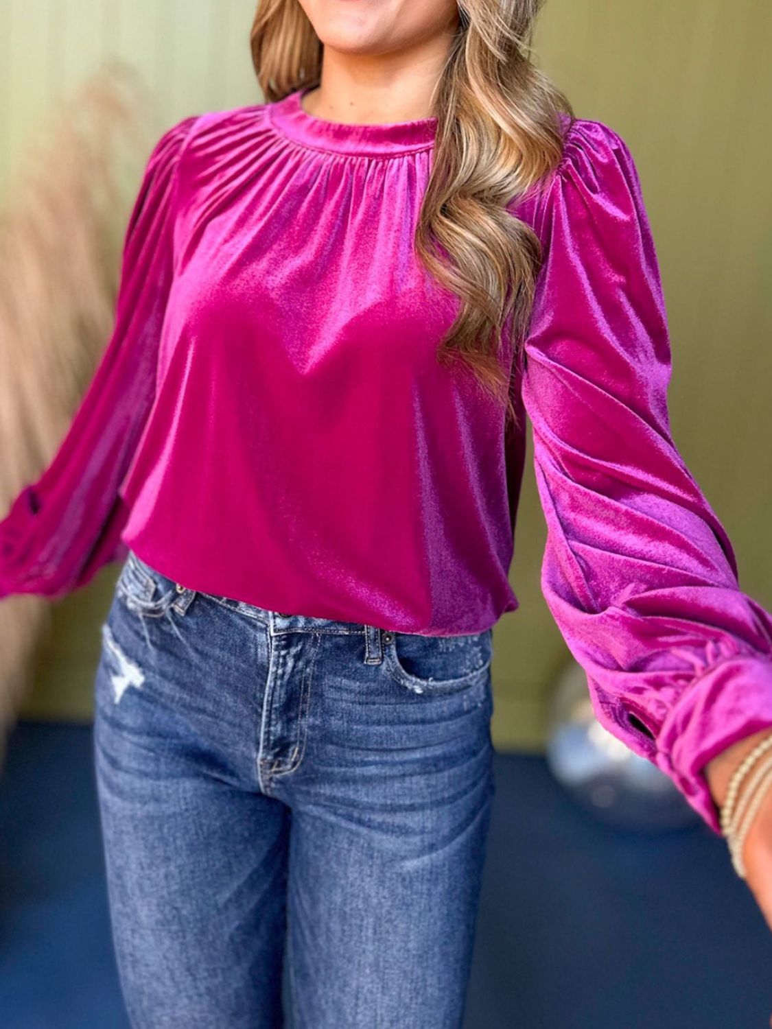 Ruched Round Neck Long Sleeve Blouse Hot Pink Long Sleeve Tops JT's Designer Fashion