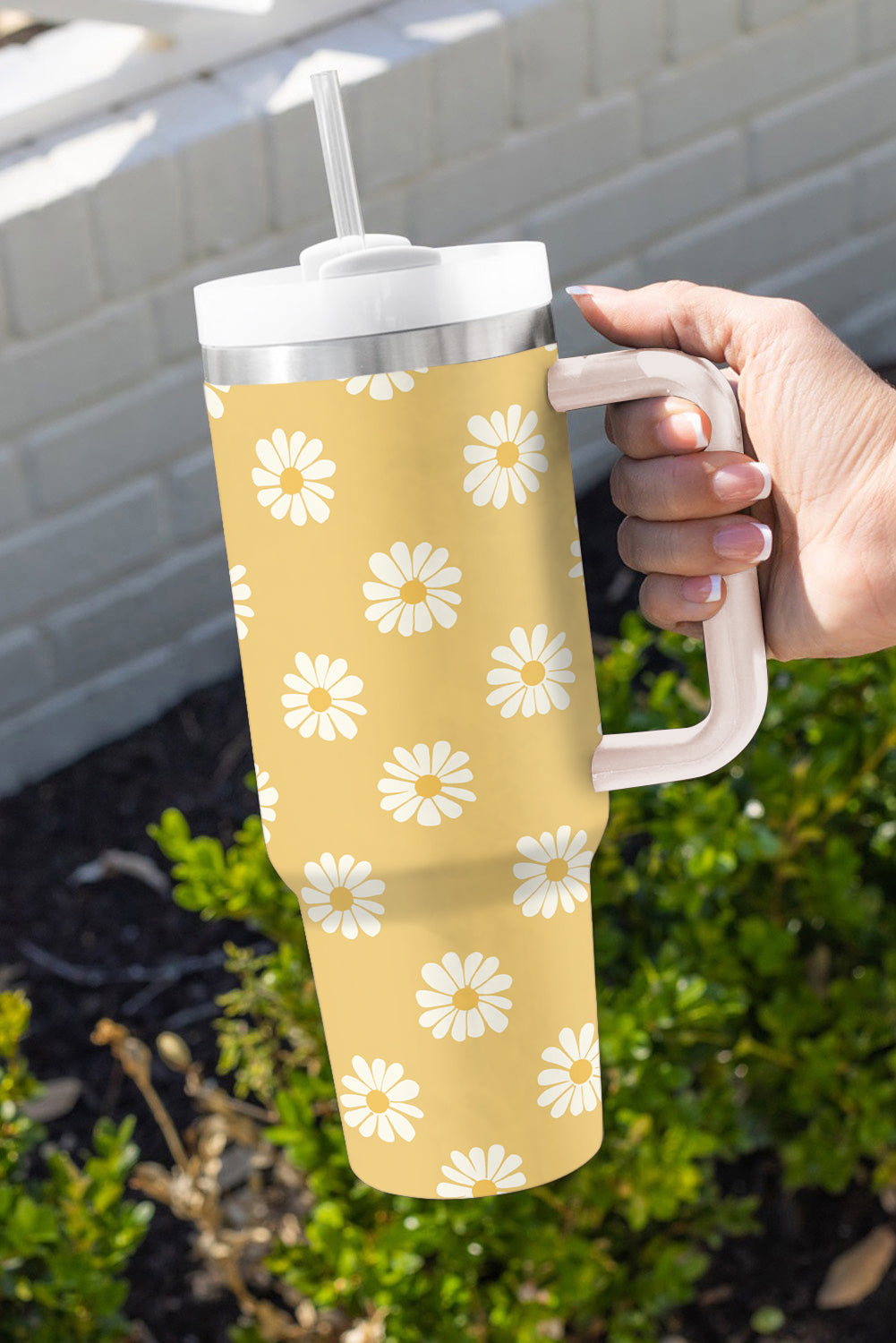 Yellow Daisy Print Handle Stainless Steel Portable Cup 1200ml Tumblers JT's Designer Fashion