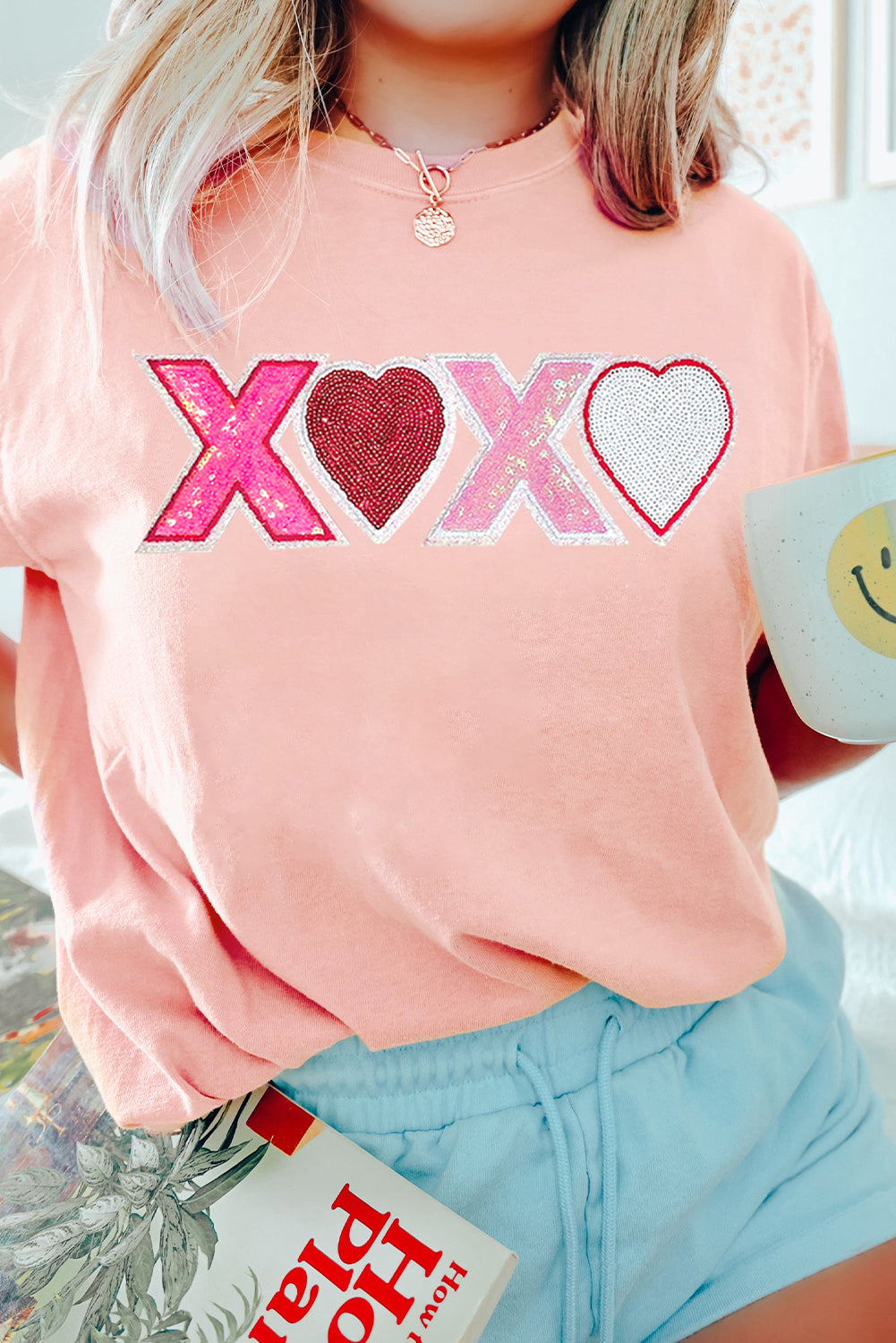 Pink Sequin Heart XOXO Patched Graphic Valentines T Shirt Graphic Tees JT's Designer Fashion