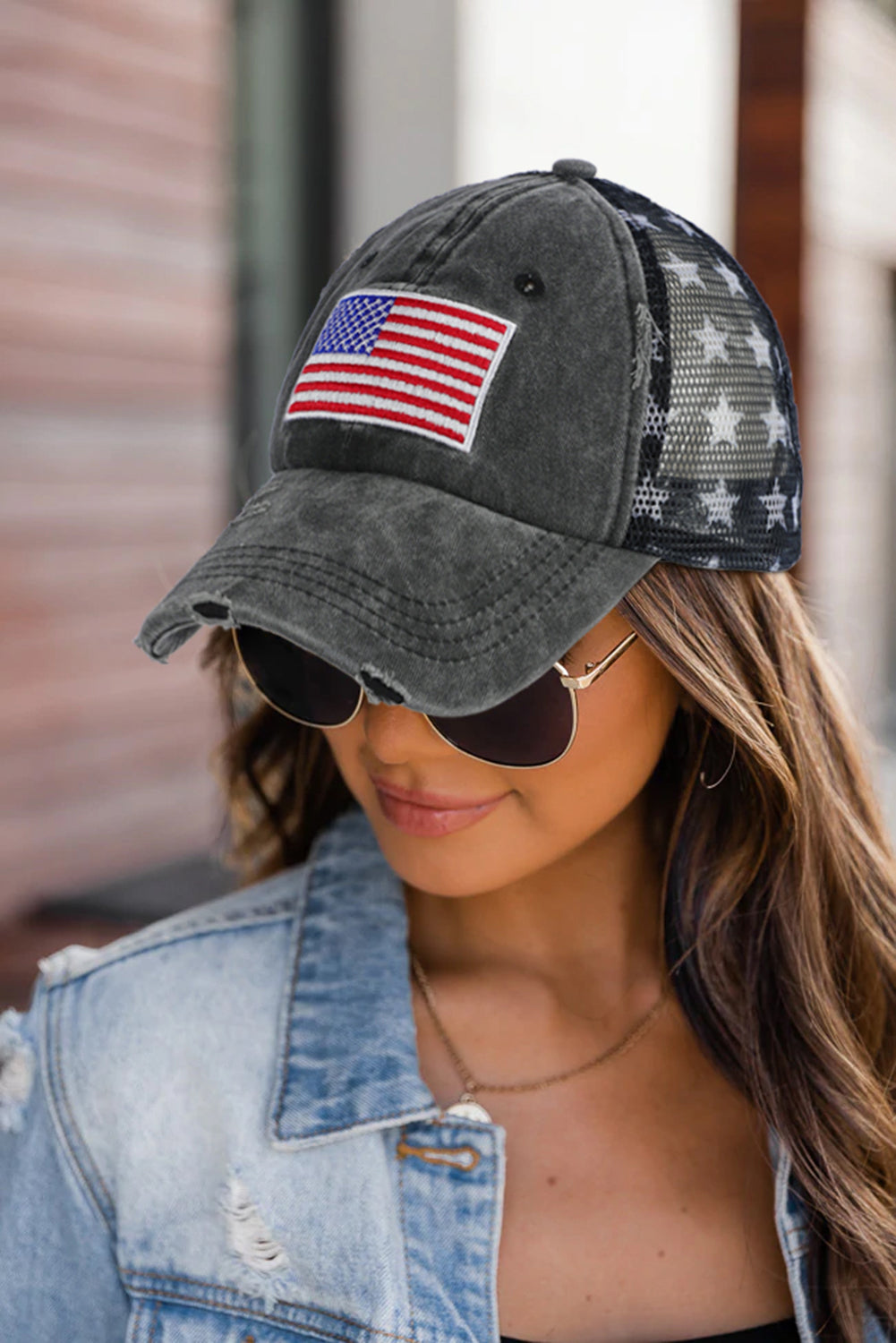 Black Star Print Mesh American Flag Embroidered Baseball Cap Hats & Caps JT's Designer Fashion