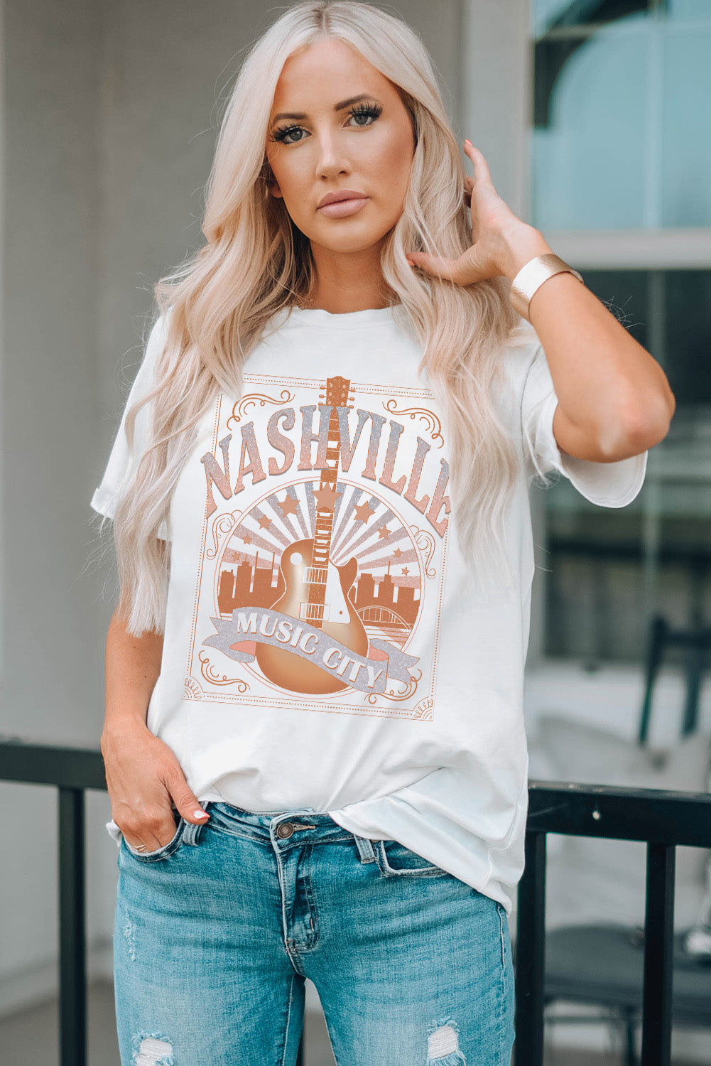 White MUSIC CITY NASHVILLE Graphic T Shirt Graphic Tees JT's Designer Fashion