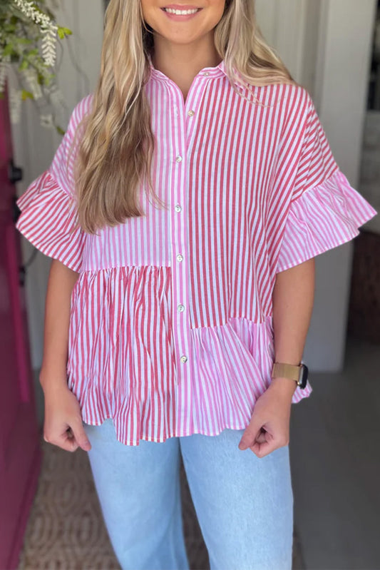 Pink Stripe Striped Patchwork Ruffled Hem Button up Shirt Blouses & Shirts JT's Designer Fashion