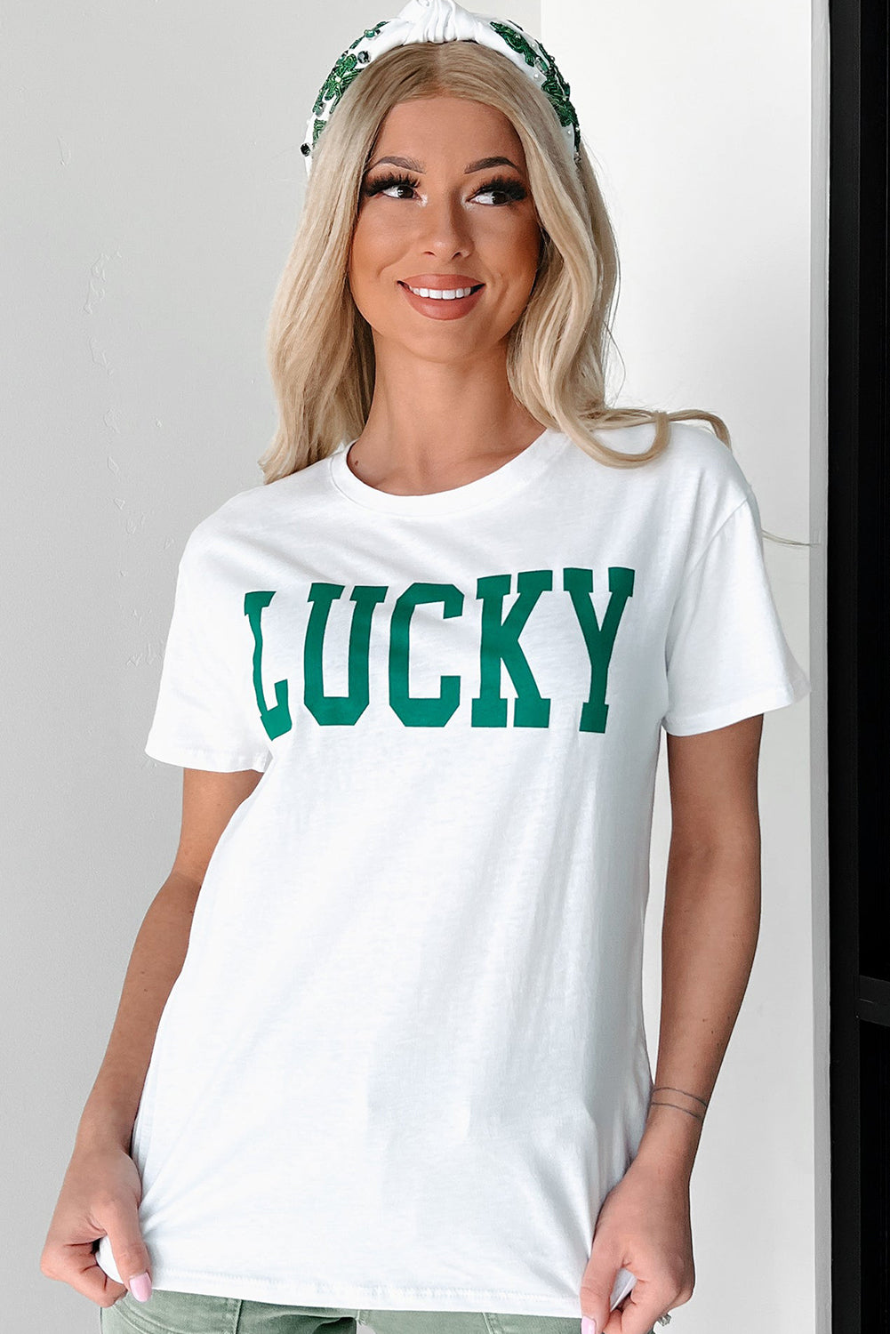 White LUCKY Printed Round Neck St Patricks T Shirt Graphic Tees JT's Designer Fashion
