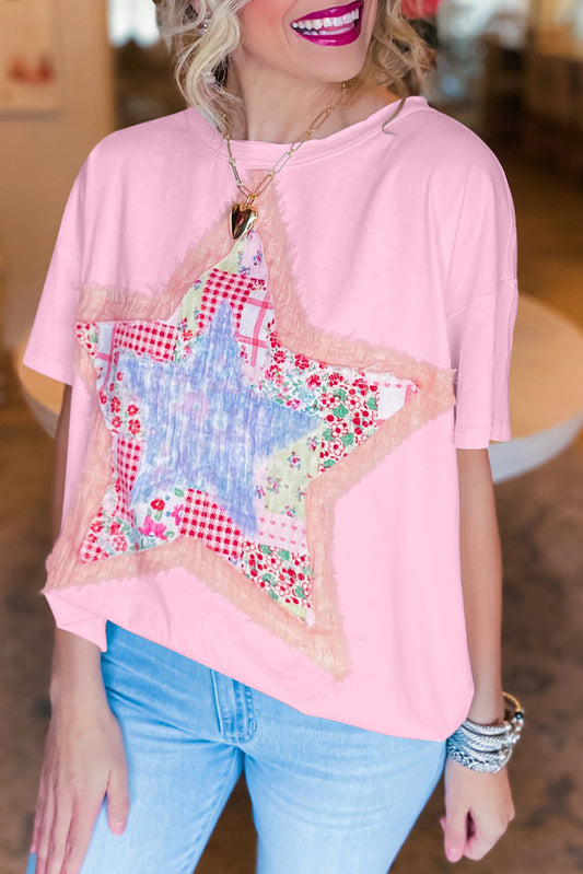 Pink Vibrant Star Patchwork Loose T-shirt Tops & Tees JT's Designer Fashion