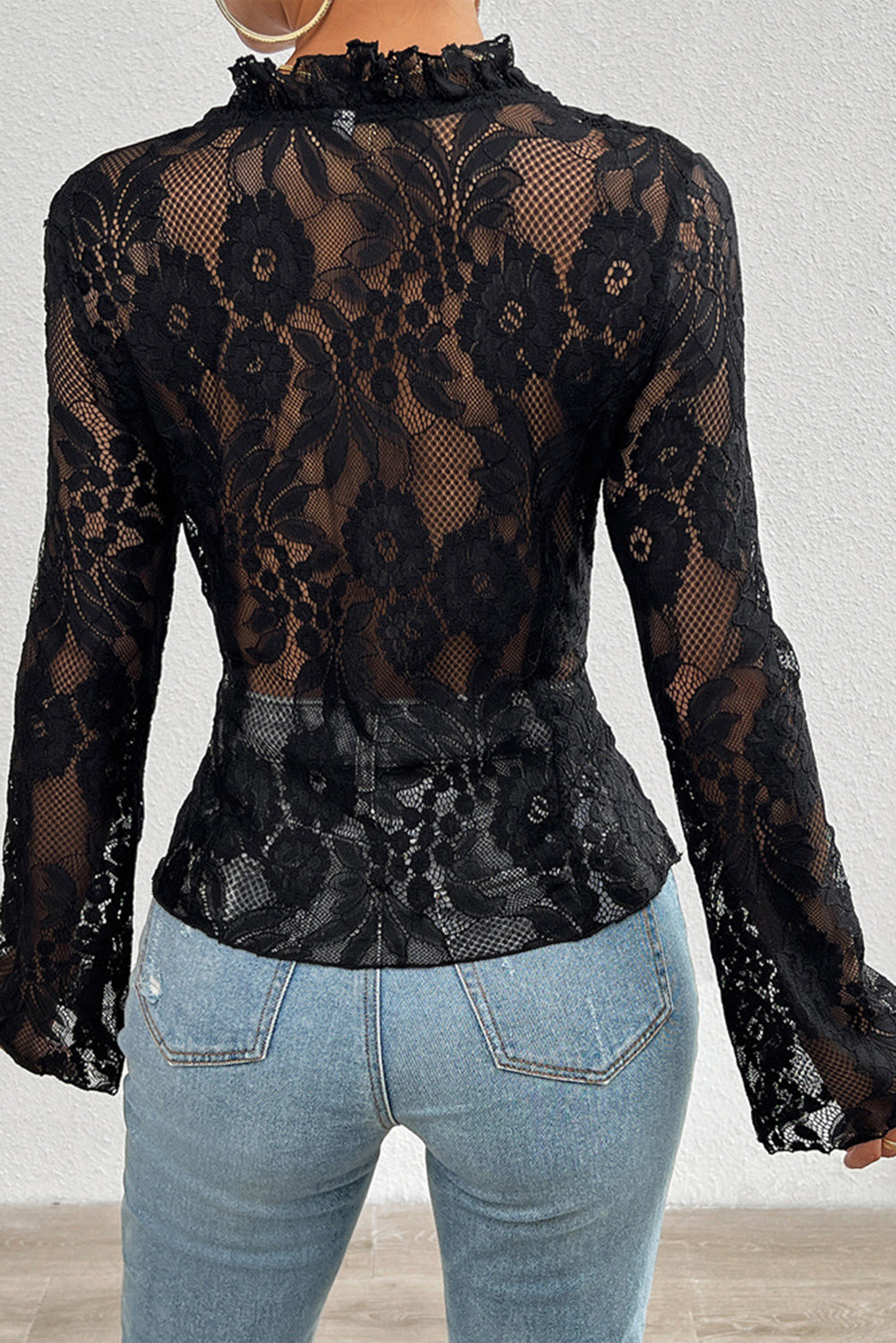 Black Frilly Tie Front See-Through Floral Lace Blouse Blouses & Shirts JT's Designer Fashion