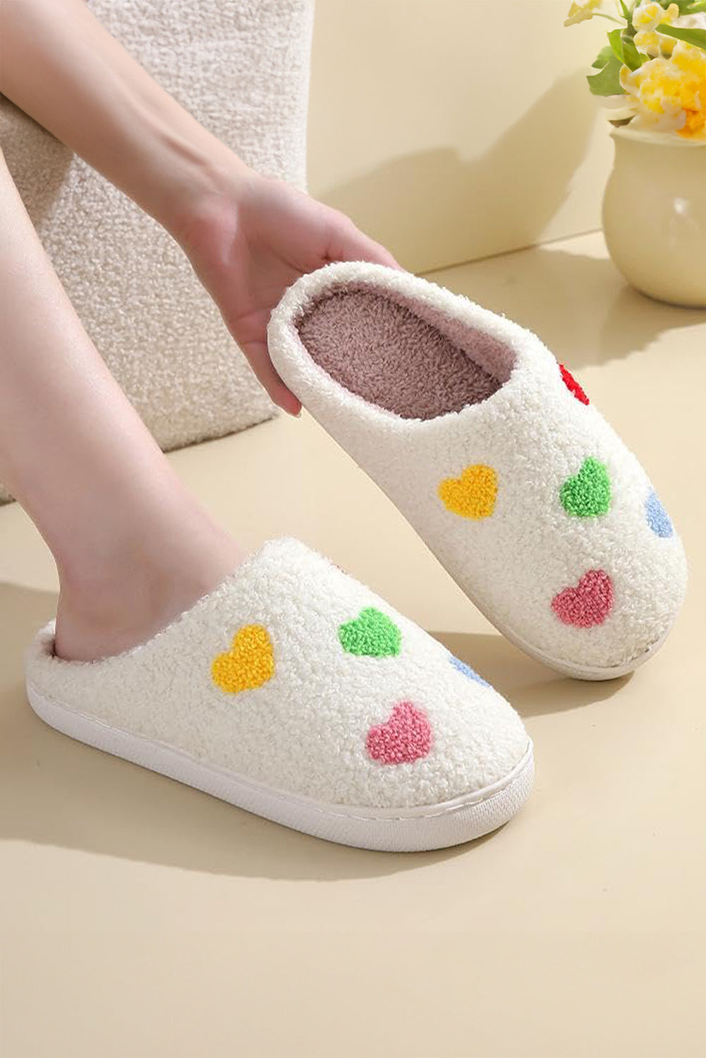 White Colorful Heart Shape Slip On Plush Winter Slippers Slippers JT's Designer Fashion