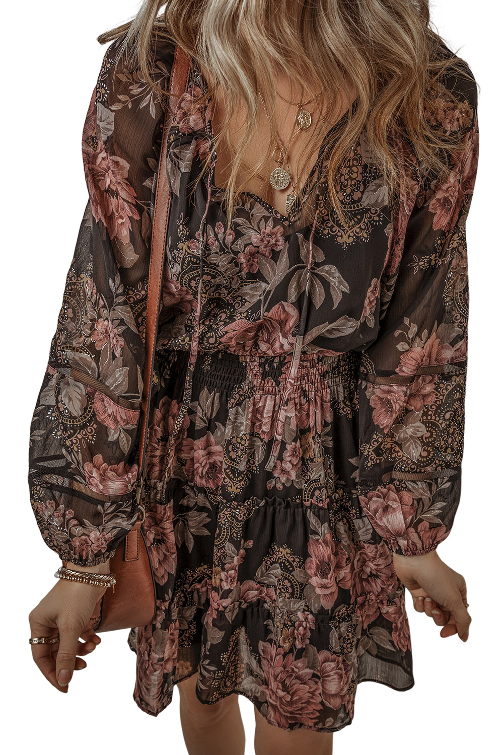 Black Vintage Floral Puff Sleeve V Neck Smock Waist Dress Floral Dresses JT's Designer Fashion