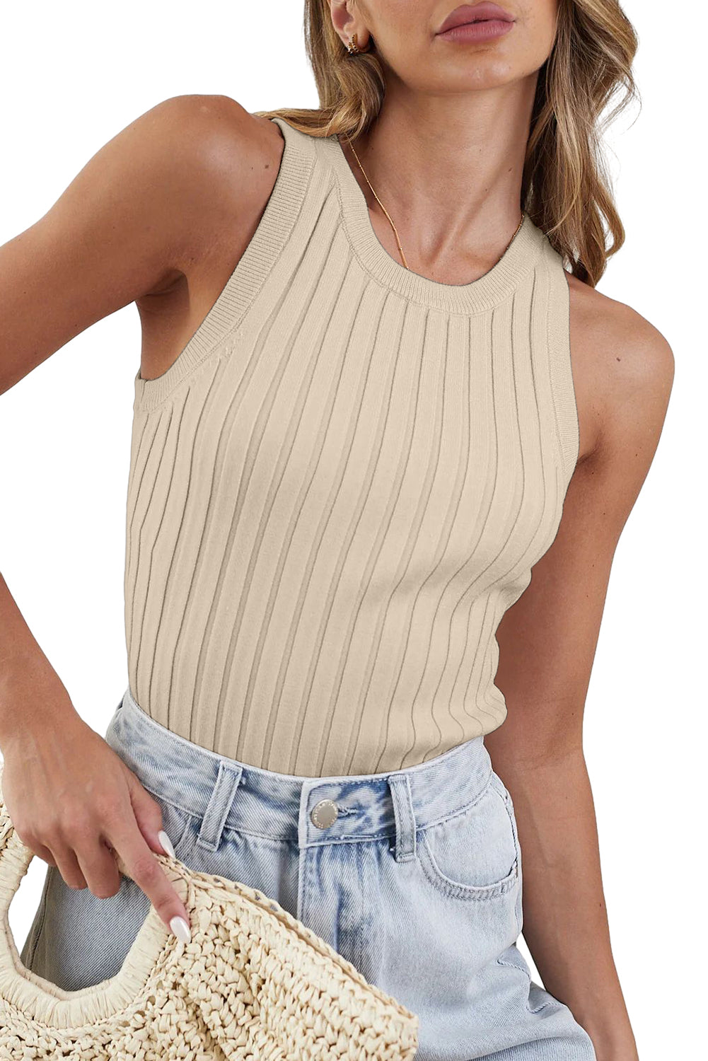 White Round Neck Ribbed Knit Tank Top Pre Order Sweaters & Cardigans JT's Designer Fashion