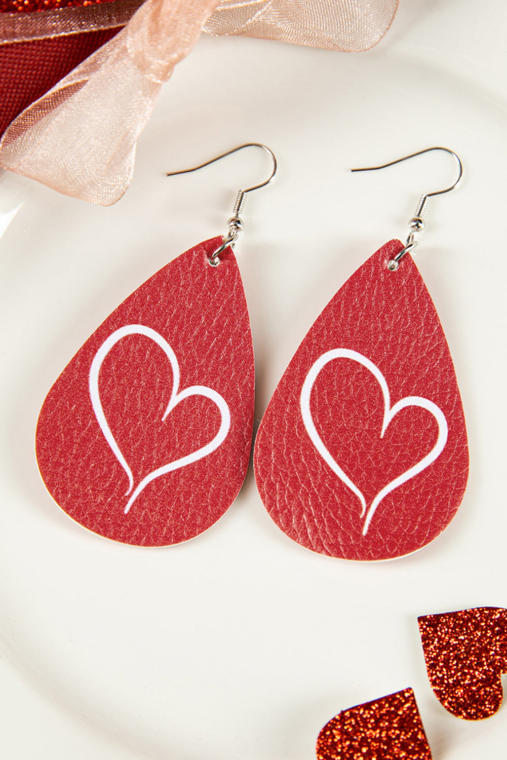 Red Valentine Heart Shaped Print Drop Earrings Jewelry JT's Designer Fashion