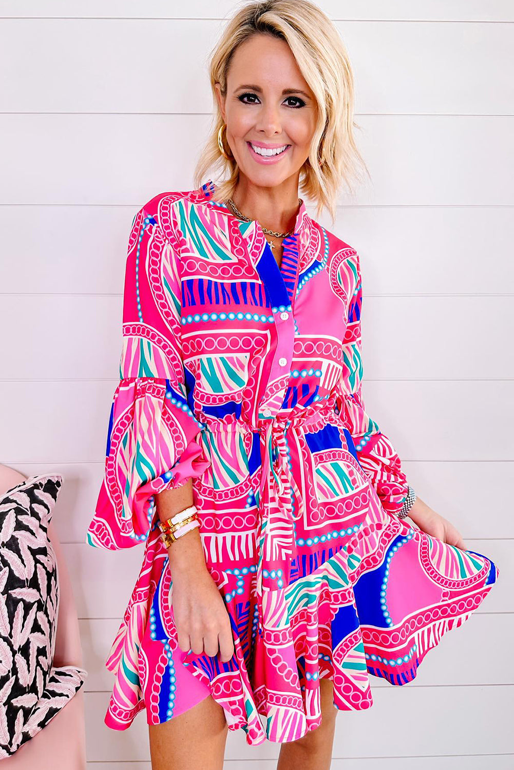 Rose Boho Abstract Printed Puff Sleeve Drawstring Waist Ruffled Mini Dress Mini Dresses JT's Designer Fashion
