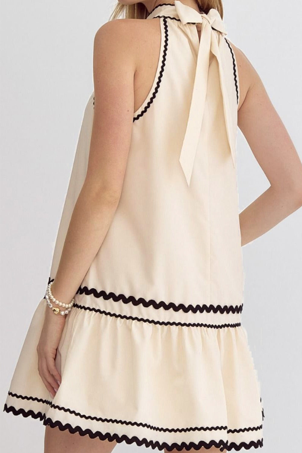 Khaki Stripe Ric Rac Trim Halter A-line Sleeveless Mini Dress Mini Dresses JT's Designer Fashion