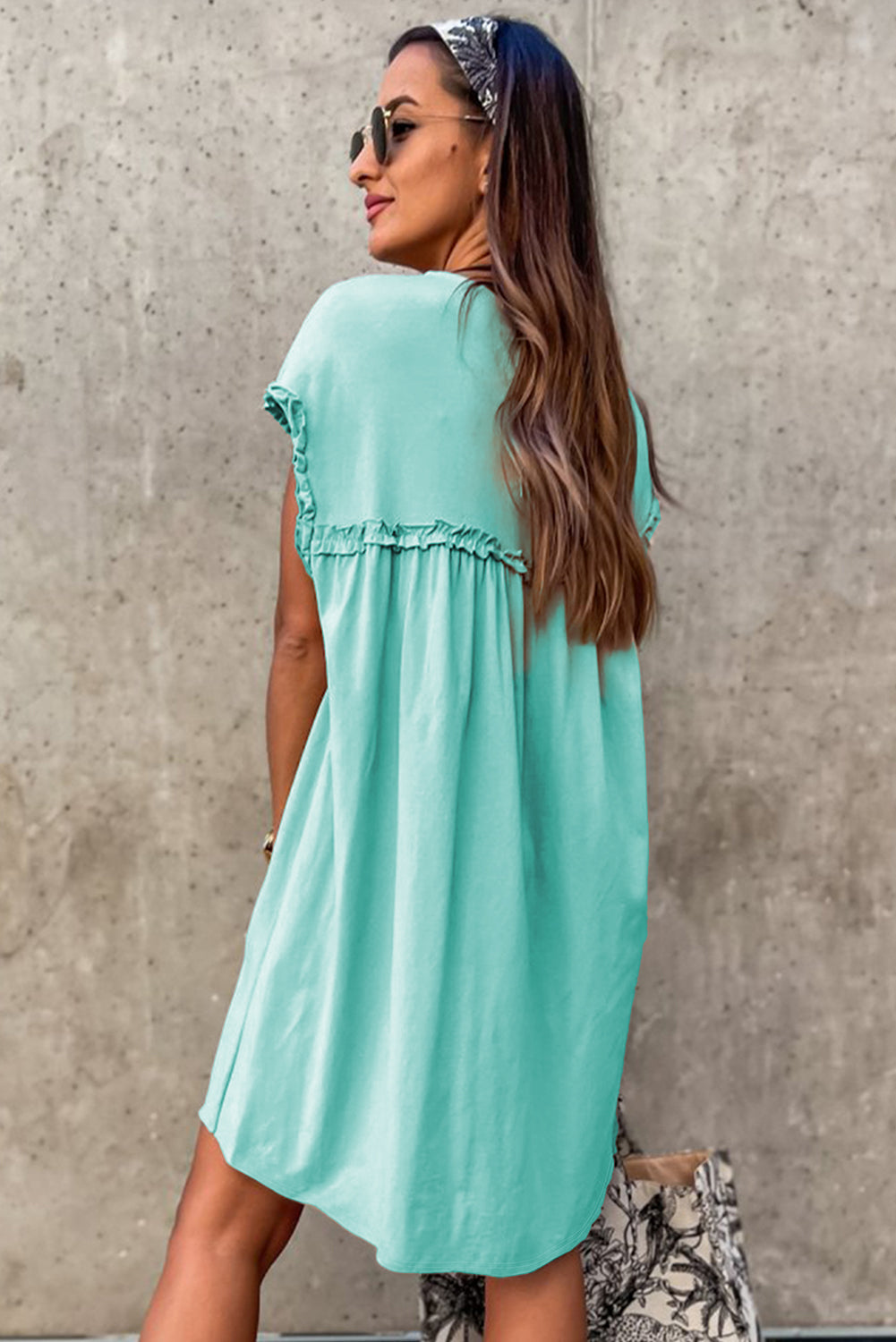 Mint Green Frilled Trim Crew Neck Loose Fit Mini Dress Mini Dresses JT's Designer Fashion