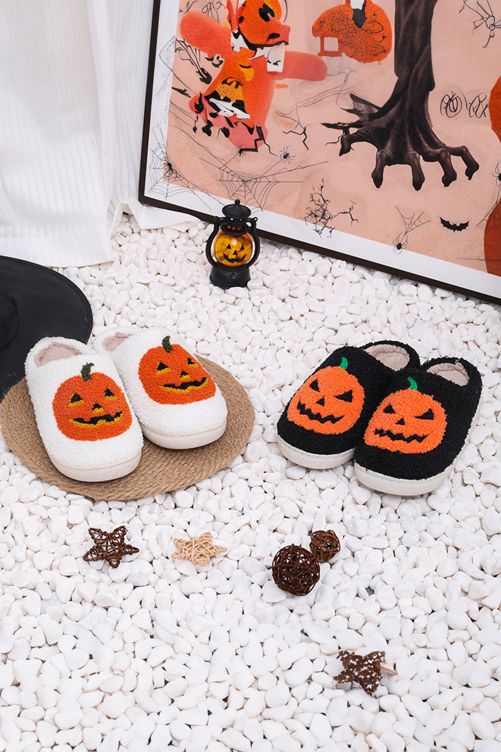 White Halloween Pumpkin Print Plush Slippers Slippers JT's Designer Fashion