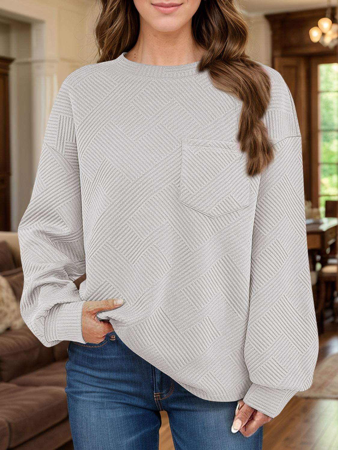 Full Size Texture Round Neck Long Sleeve Sweatshirt Long Sleeve Tops JT's Designer Fashion