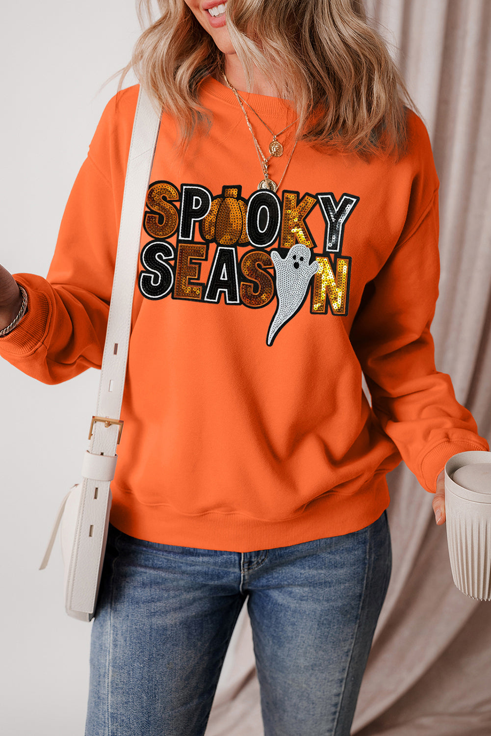 Russet Orange Sequin SPOOKY SEASON Ghost Pattern Halloween Pullover Sweatshirt Graphic Sweatshirts JT's Designer Fashion