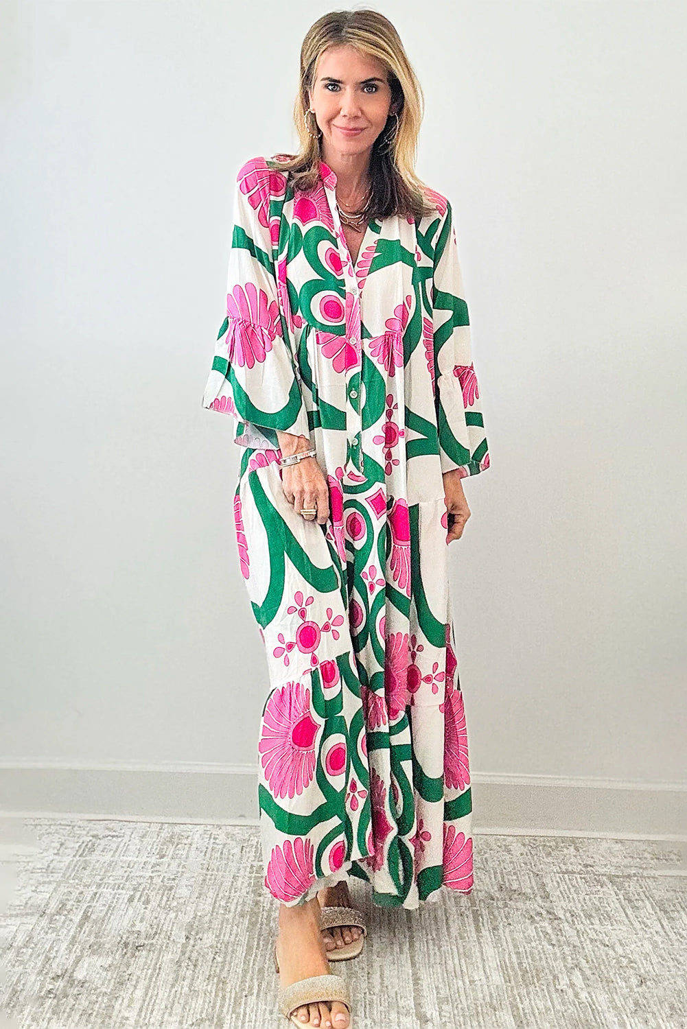 Pink Boho Floral Printed Long Sleeve Buttoned Loose Maxi Dress Maxi Dresses JT's Designer Fashion