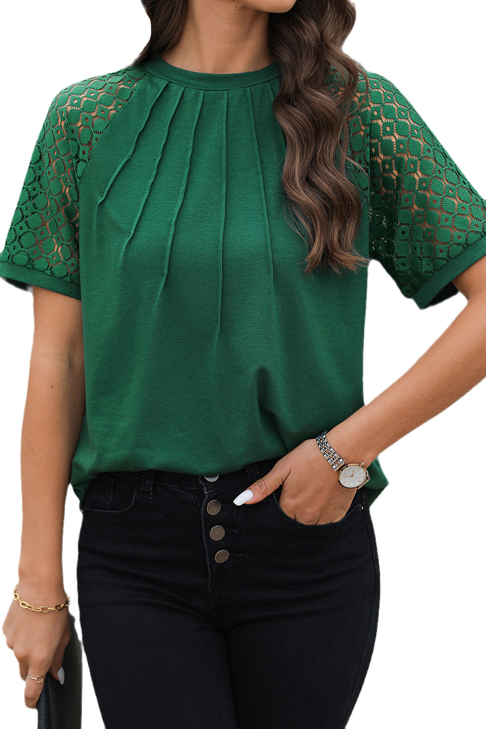 Blackish Green Seamed Detail Contrast Lace Raglan Sleeve Tee Pre Order Tops JT's Designer Fashion