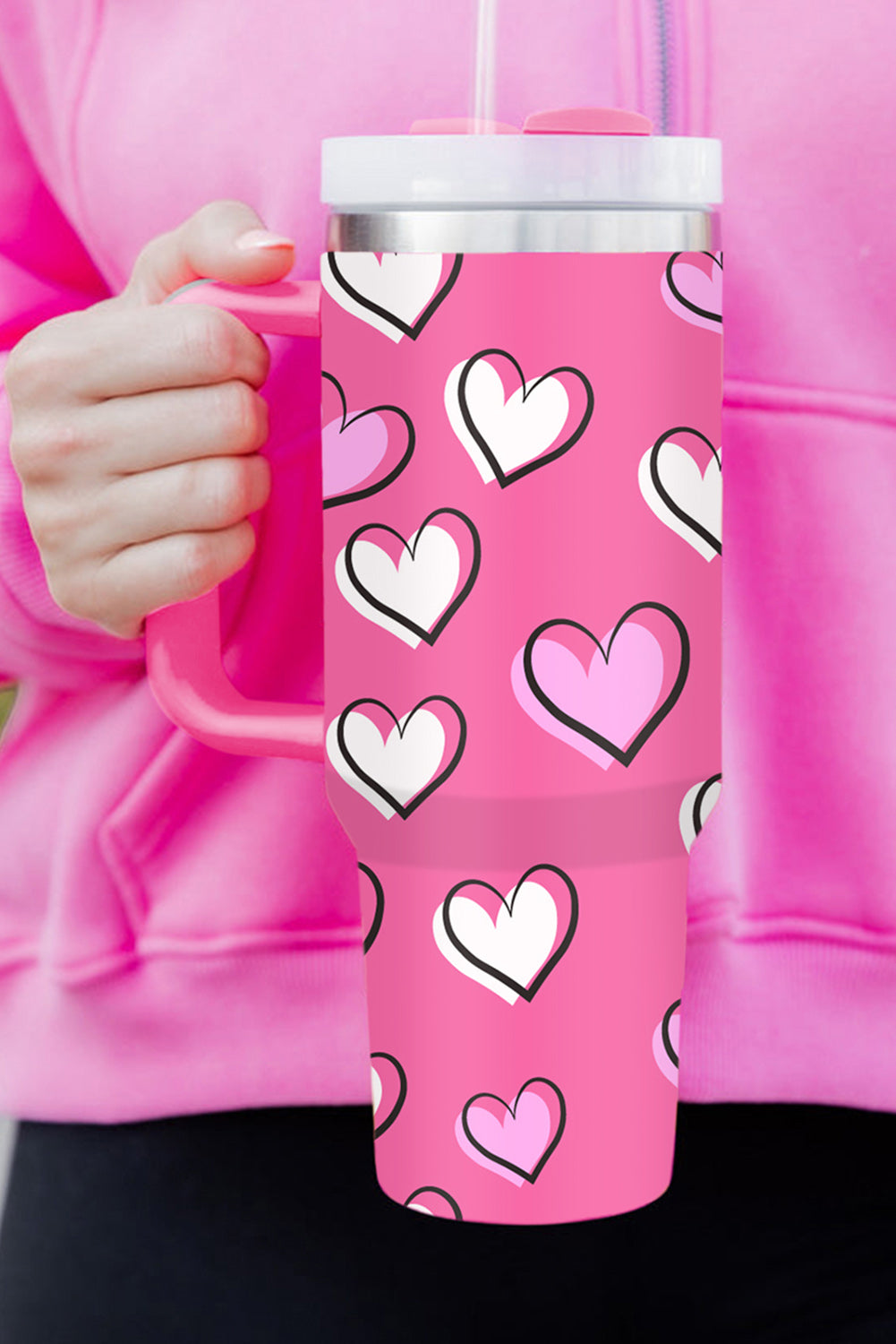 Rose Red Valentines Heart Printed Thermos Cup with Handle Tumblers JT's Designer Fashion