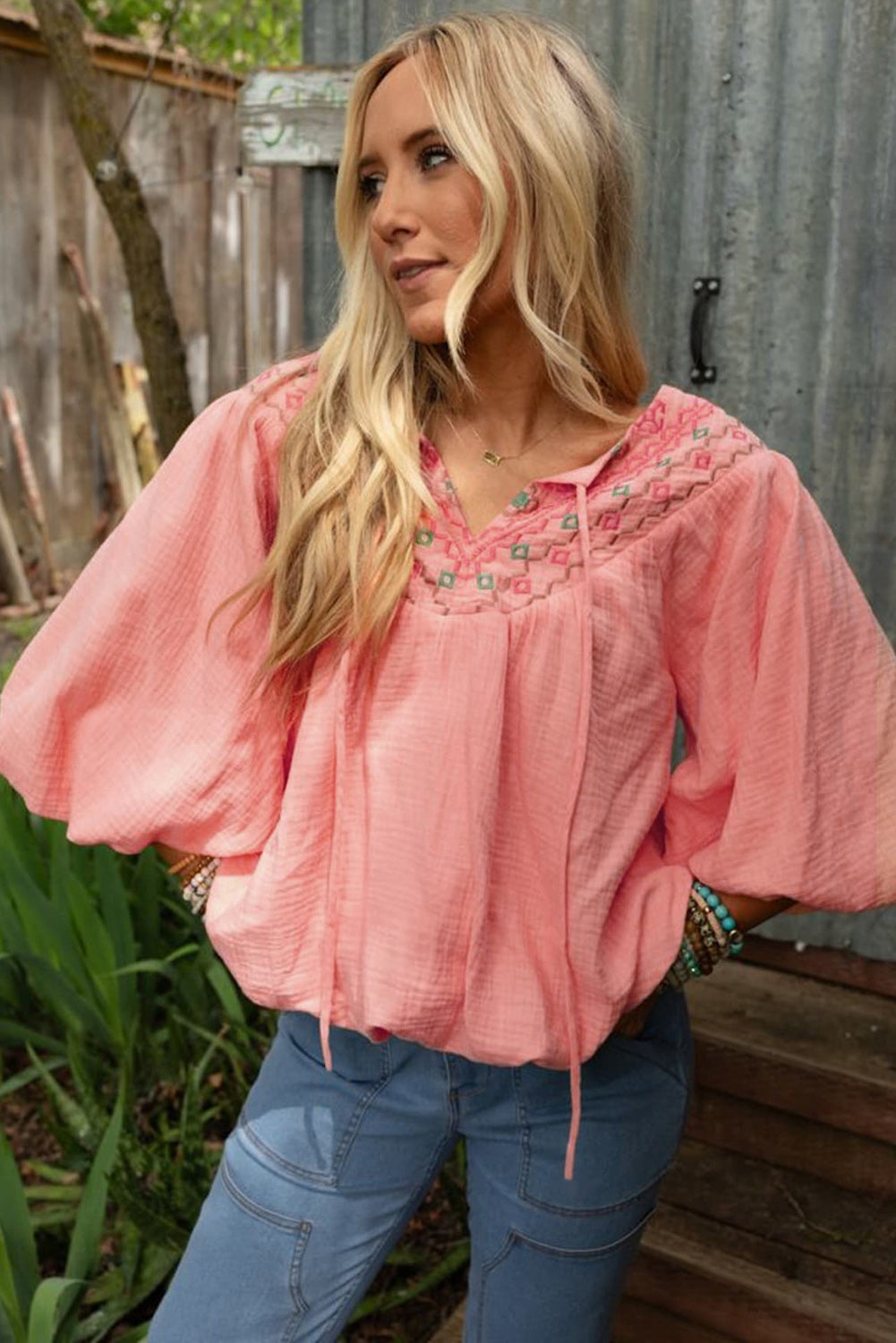 Apricot Pink Geometric Embroidered V Neck Puff Sleeve Blouse Blouses & Shirts JT's Designer Fashion