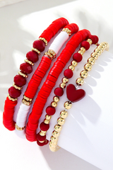 Fiery Red Heart Beaded Multi Layered Elastic Bracelet Set Jewelry JT's Designer Fashion