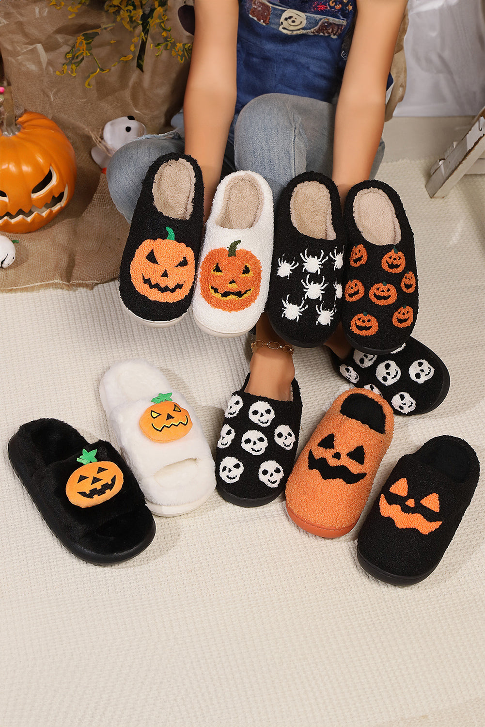 White Halloween Pumpkin Print Plush Slippers Slippers JT's Designer Fashion