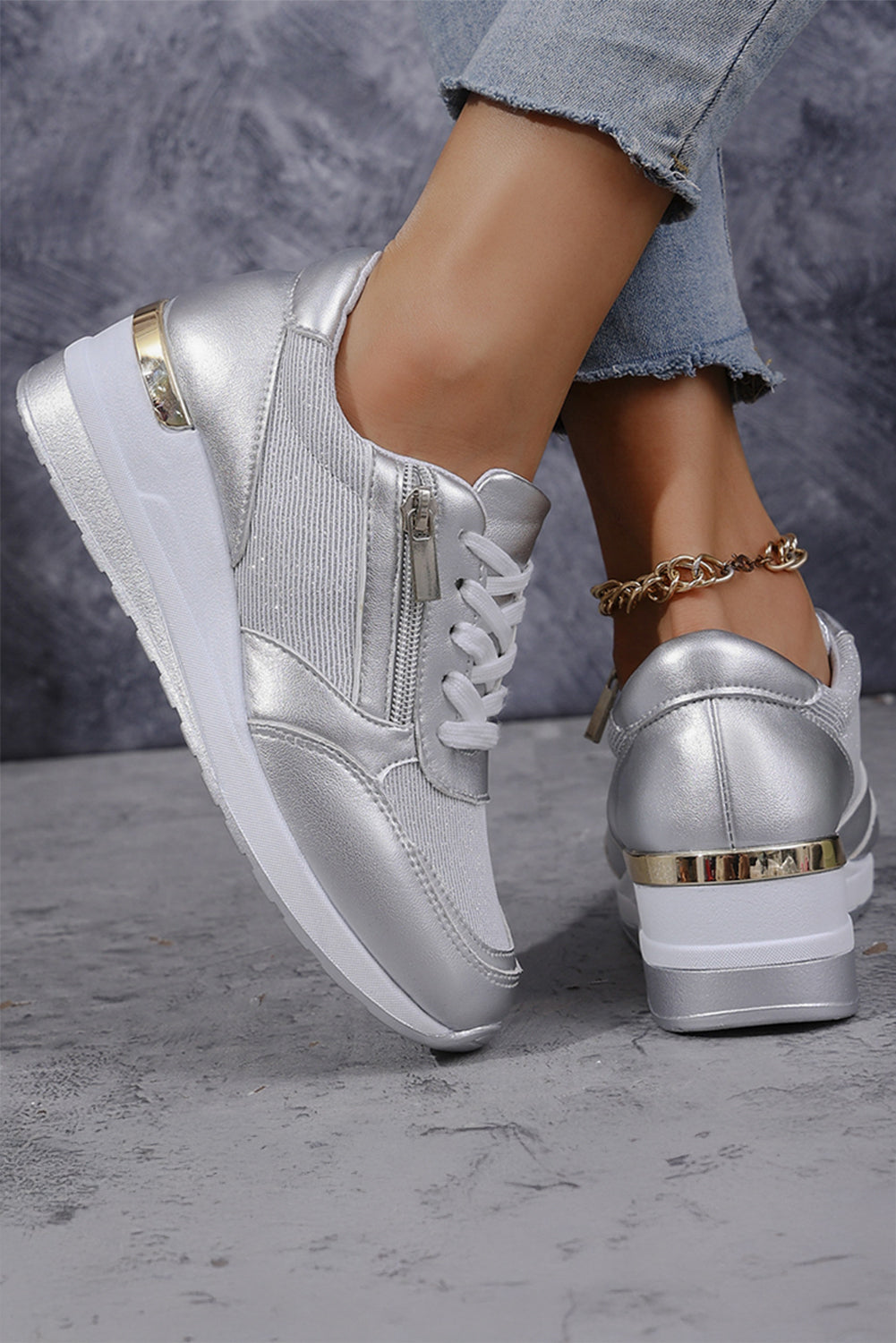 Silvery Leather Patchwork Zipper Lace-up Sneakers Women's Shoes JT's Designer Fashion