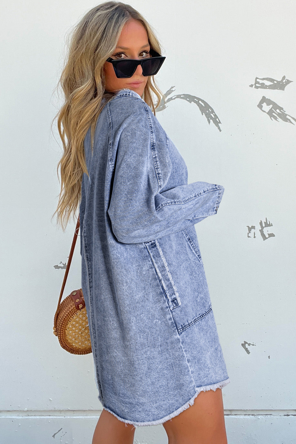 Beau Blue Mineral Wash Long Sleeve Button Up Raw Hem Pocketed Denim Dress Mini Dresses JT's Designer Fashion