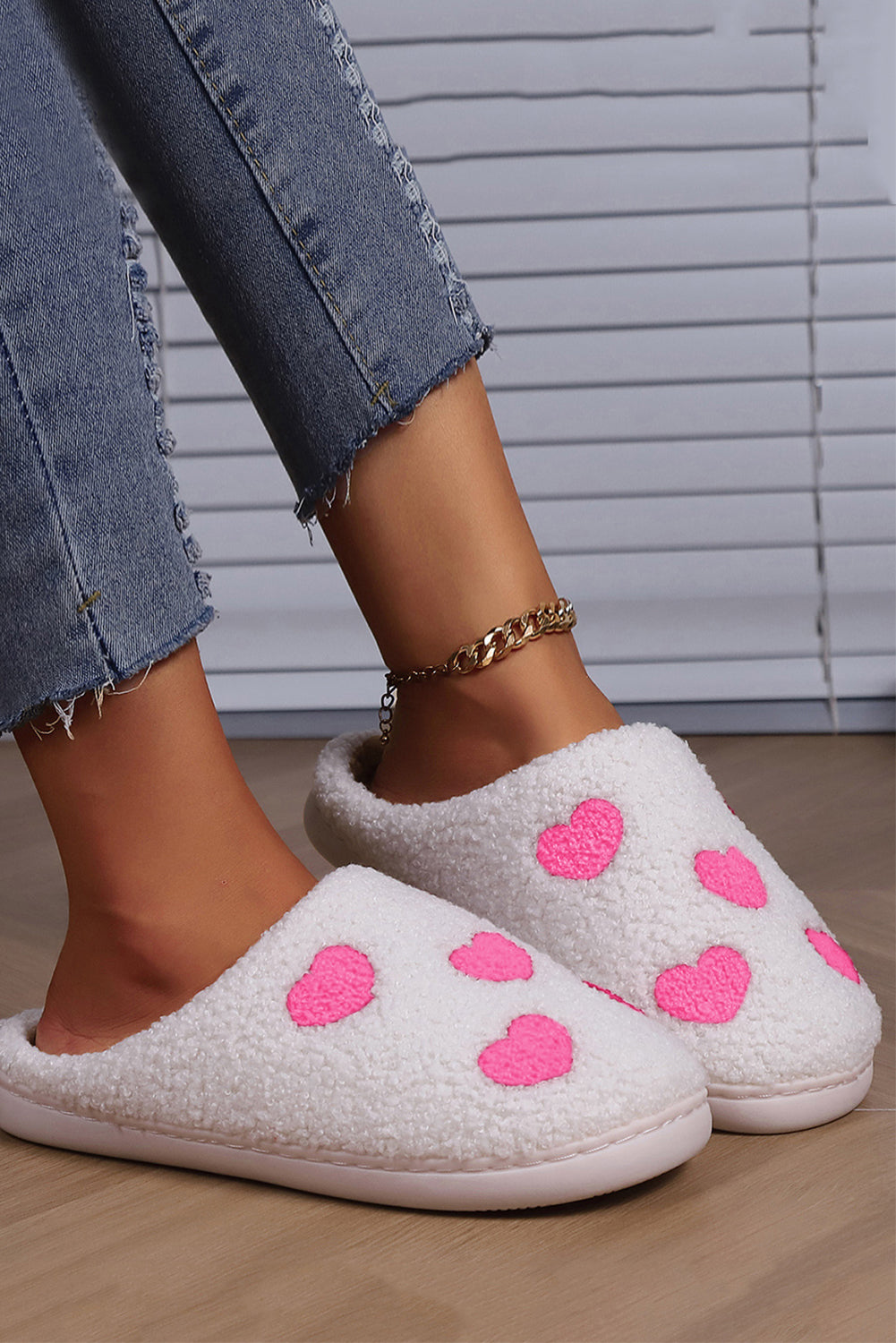 Pink Heart Pattern Valentines Fuzzy Winter Slippers Slippers JT's Designer Fashion